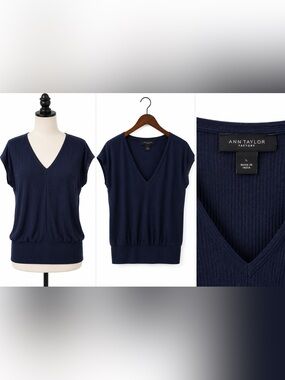 Ann Taylor Factory Navy Ribbed Dolman Sleeve Blouse Size Large